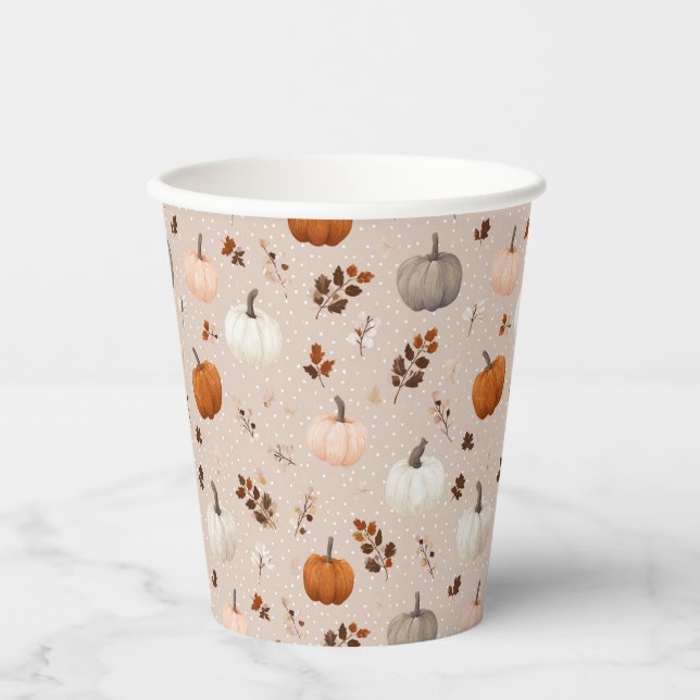 Rustic Autumn Pumpkins & Fall Leaves Paper Cups (Front)