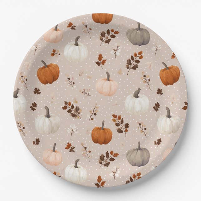 Rustic Autumn Pumpkins & Fall Leaves Paper Plate (Front)