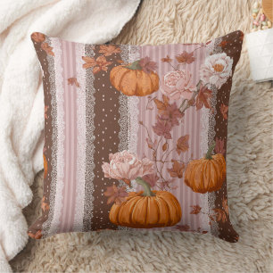 Rustic Autumn Pumpkins & Floral Lace Seamless Cushion