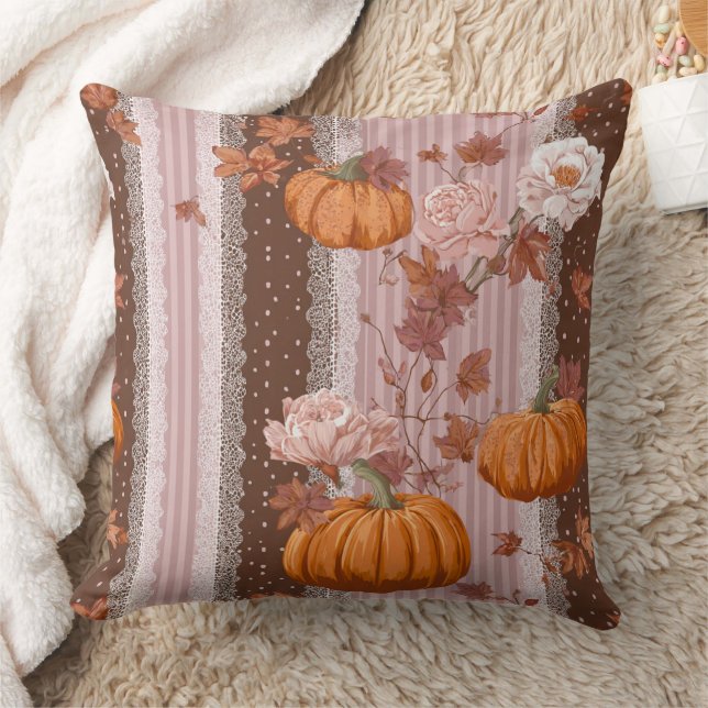 Rustic Autumn Pumpkins & Floral Lace Seamless Cushion (Blanket)