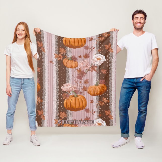 Rustic Autumn Pumpkins & Floral Lace Seamless Fleece Blanket (In Situ)