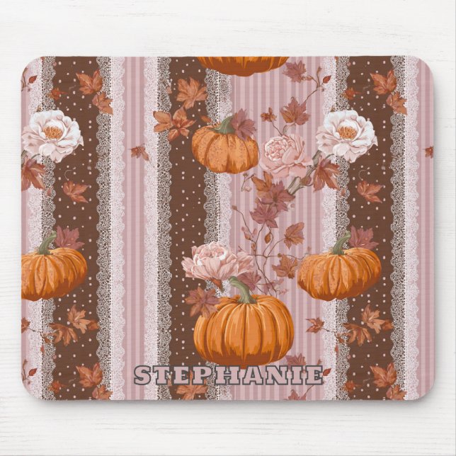 Rustic Autumn Pumpkins & Floral Lace Seamless Mouse Pad (Front)