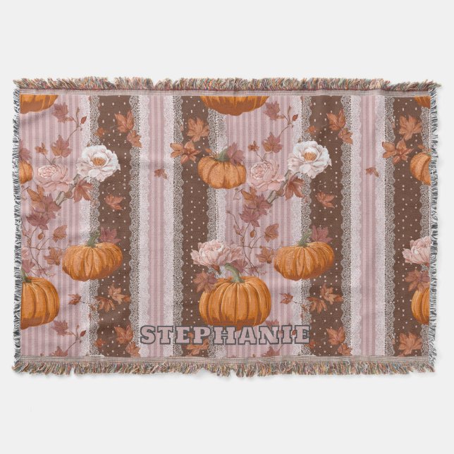 Rustic Autumn Pumpkins & Floral Lace Seamless Throw Blanket (Front)