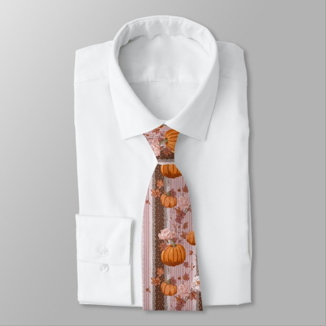 Rustic Autumn Pumpkins & Floral Lace Seamless Tie (Tied)