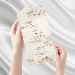 Rustic Autumn Pumpkins & Flowers All In One Invitation
