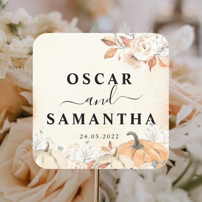 Rustic Autumn Pumpkins & Flowers  Square Sticker (Creator Uploaded)