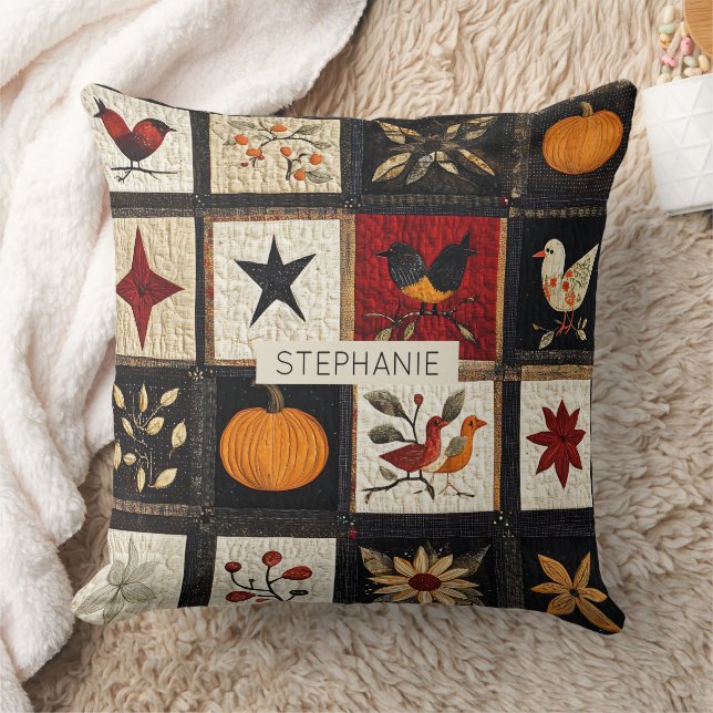 Rustic Autumn Quilt Pattern | Harvest Folk Motifs Cushion (Blanket)