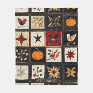 Rustic Autumn Quilt Pattern Harvest Folk Motifs Fleece Blanket