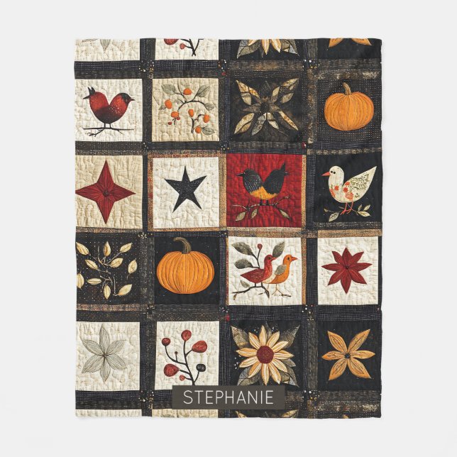 Rustic Autumn Quilt Pattern | Harvest Folk Motifs Fleece Blanket (Front)