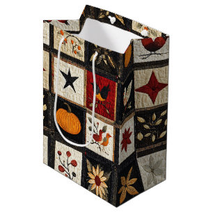 Rustic Autumn Quilt Pattern Harvest Folk Motifs Medium Gift Bag