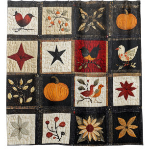 Rustic Autumn Quilt Pattern Harvest Folk Motifs Shower Curtain