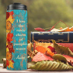 Rustic Autumn. Red Leaves & Pumpkin. Personalised Thermal Tumbler