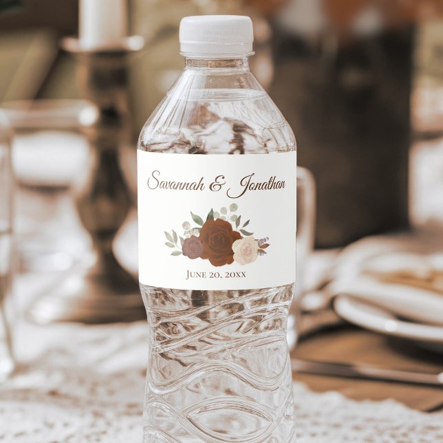 Rustic Autumn Roses Burnt Umber & Orange Wedding Water Bottle Label (Creator Uploaded)