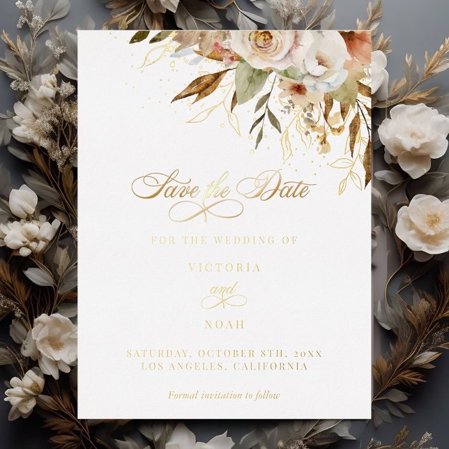 Rustic Autumn Roses Script Save the Date Foil Invitation Postcard (Creator Uploaded)