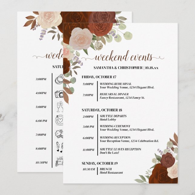 Rustic Autumn Roses Wedding Events & Timeline Programme (Front/Back)