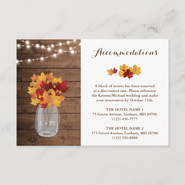 Rustic Autumn String Lights Wedding Accommodations Enclosure Card (Front)