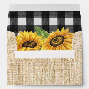 Rustic Autumn Sunflower Burlap & Black White Plaid Envelope