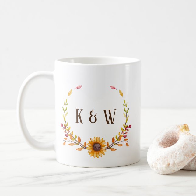 Rustic Autumn Sunflower Duo Monogram Coffee Mug (With Donut)