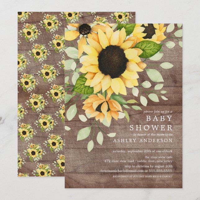 Rustic Autumn Sunflower Floral Baby Shower Invitation (Front/Back)