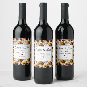 Rustic Autumn Sunflower Floral Bridal Shower Wine Label