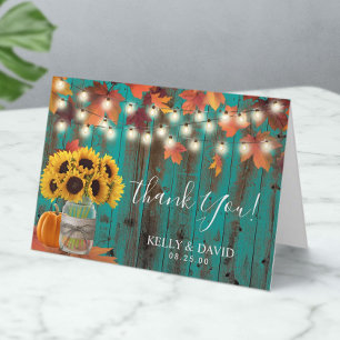 Rustic Autumn Sunflower Jar Pumpkin Wedding Thank You Card