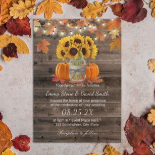 Rustic Autumn Sunflower Jar Pumpkins Fall Wedding Invitation