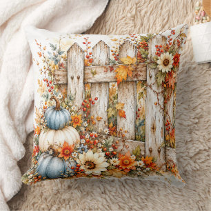 Rustic Autumn Sunflower & Pumpkin Wooden Fence Cushion