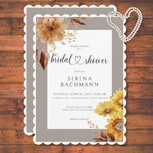 Rustic Autumn Sunflower Taupe White Bridal Shower Invitation