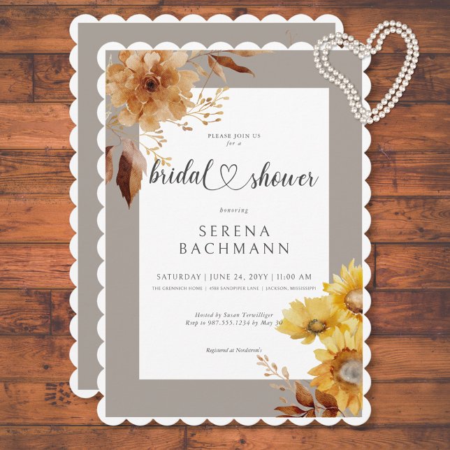 Rustic Autumn Sunflower Taupe White Bridal Shower Invitation (Rustic Autumn Sunflower Taupe White Bridal Shower Invitation)