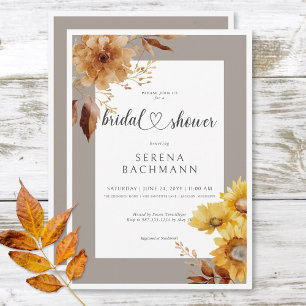 Rustic Autumn Sunflower Taupe White Bridal Shower Invitation