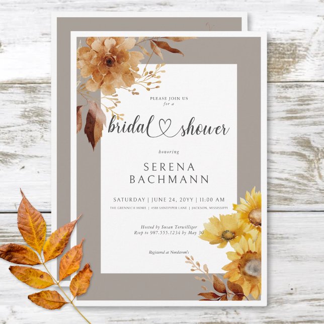 Rustic Autumn Sunflower Taupe White Bridal Shower Invitation (Rustic Autumn Sunflower Taupe White Bridal Shower Invitation)