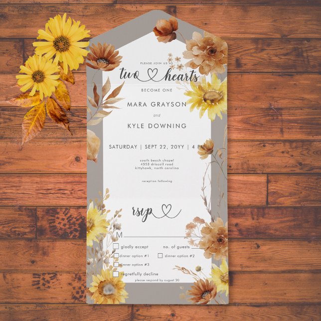 Rustic Autumn Sunflower Taupe & White Dinner All In One Invitation (Rustic Autumn Sunflower Taupe & White Dinner All In One Invitation)