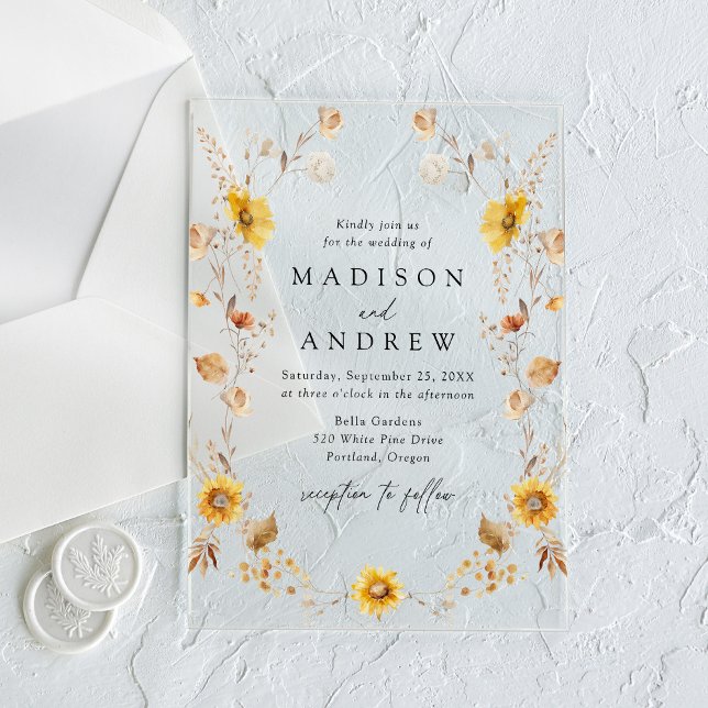 Rustic Autumn Sunflowers and Wildflowers Wedding Acrylic Invitations (Creator Uploaded)