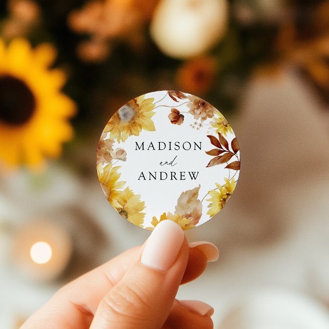 Rustic Autumn Sunflowers and Wildflowers Wedding Classic Round Sticker (Creator Uploaded)