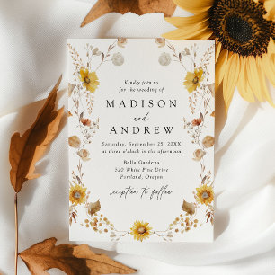 Rustic Autumn Sunflowers and Wildflowers Wedding Invitation