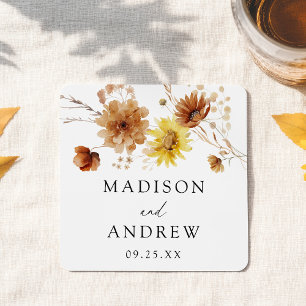 Rustic Autumn Sunflowers and Wildflowers Wedding Square Paper Coaster