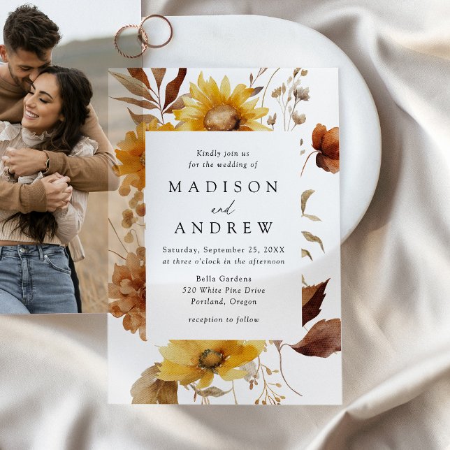 Rustic Autumn Sunflowers and Wildflowers Wedding Vellum Invitations (Creator Uploaded)