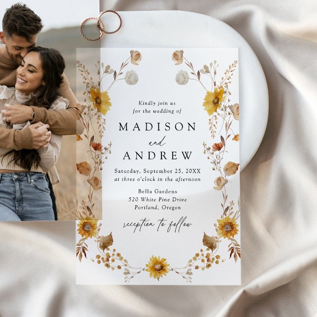 Rustic Autumn Sunflowers and Wildflowers Wedding Vellum Invitations (Creator Uploaded)