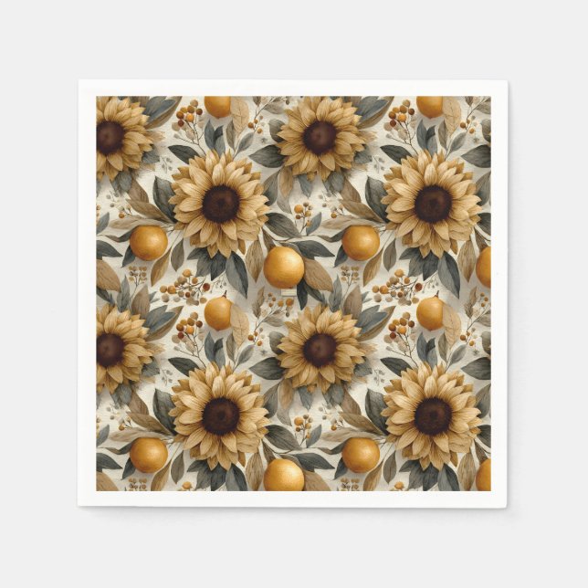 Rustic Autumn Sunflowers & Citrus Napkin (Front)