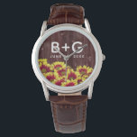Rustic Autumn Sunflowers on Fence Wedding<br><div class="desc">Add a touch of vintage charm to your special day with this floral-themed wedding wristwatch, which features a fall-blooming medley of vivid, two-tone mini sunflowers set on a weathered fence. Add newlyweds' initials and wedding date. A great keepsake for rustic and autumn wedding themes! Design © W.H. Sim. See more...</div>