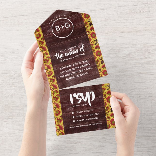 Rustic Autumn Sunflowers on Fence Wedding All In One Invitation (Tearaway)