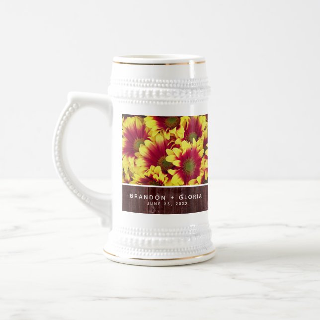 Rustic Autumn Sunflowers on Fence Wedding Beer Stein (Left)
