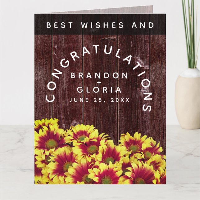 Rustic Autumn Sunflowers on Fence Wedding Card (Front)