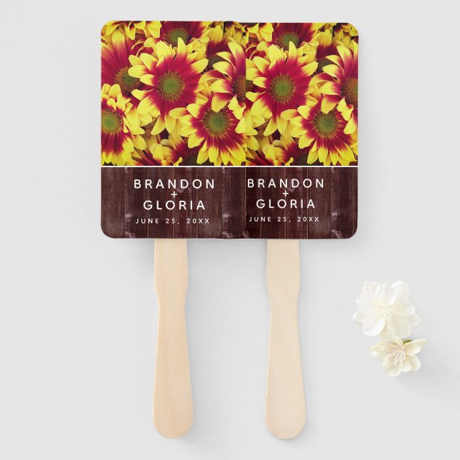 Rustic Autumn Sunflowers on Fence Wedding Hand Fan (Front and Back)