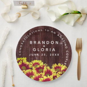 Rustic Autumn Sunflowers on Fence Wedding Paper Plate