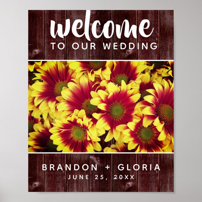 Rustic Autumn Sunflowers on Fence Wedding Poster (Front)
