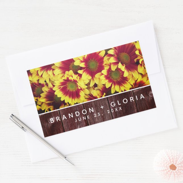 Rustic Autumn Sunflowers on Fence Wedding Rectangular Sticker (Envelope)