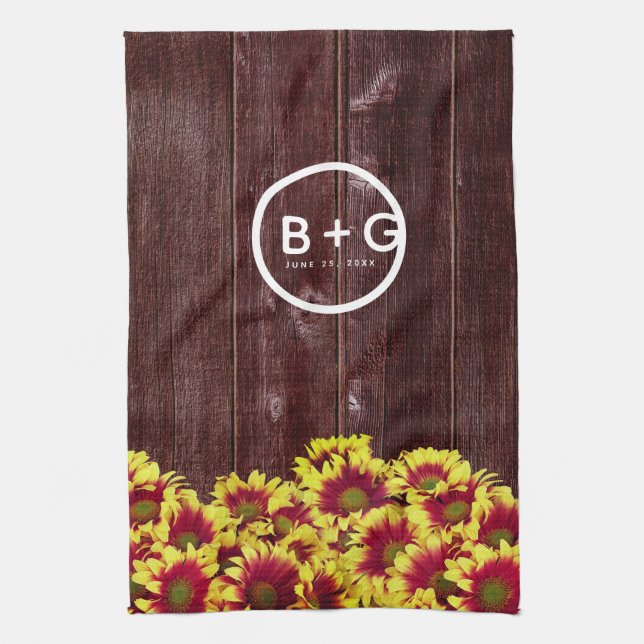 Rustic Autumn Sunflowers on Fence Wedding Tea Towel (Vertical)