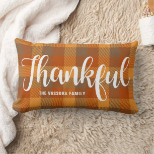Rustic Autumn Tartan Plaid Pattern Script Thankful Lumbar Cushion