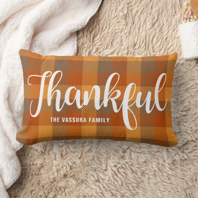 Rustic Autumn Tartan Plaid Pattern Script Thankful Lumbar Cushion (Blanket)